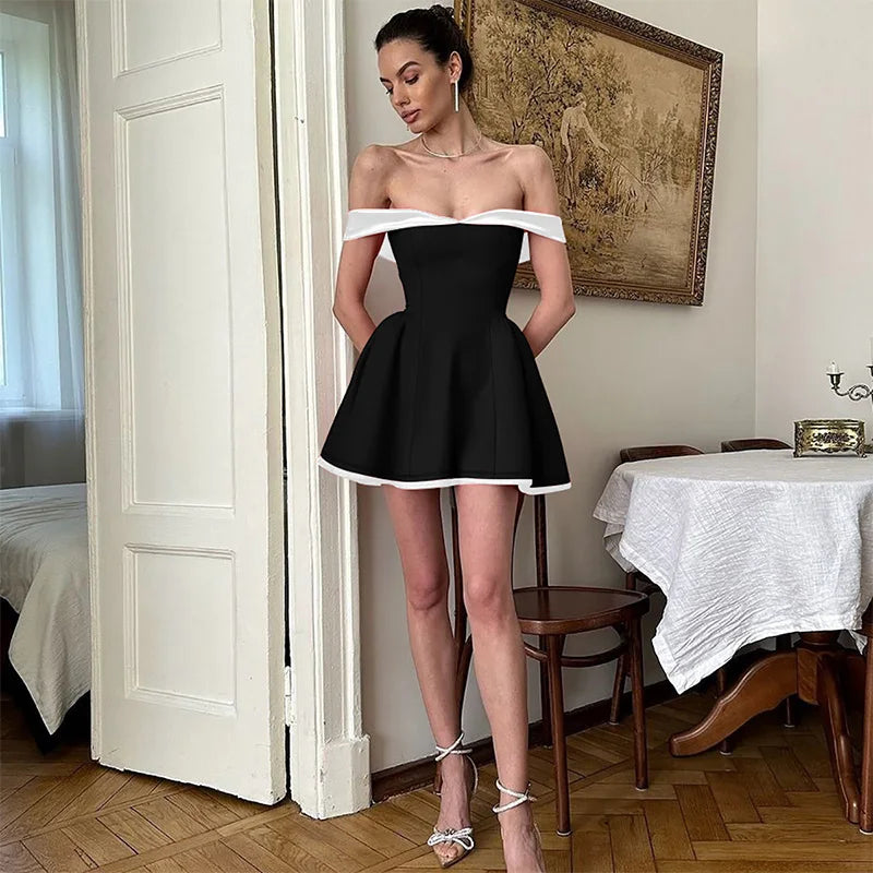 2025summer Off-shoulder Strapless Sexy Mini Dress Women Fashion Patchwork Sleeveless Backless High Waist A-line Club Party Dress
