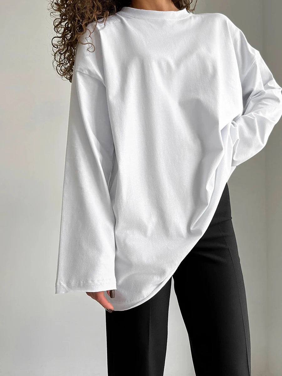 Blubelle Women Autumn 100% Cotton T-shirt Bottoming Spring Basic Fashionable Solid Lady Long Sleeve Loose Tops Shirts
