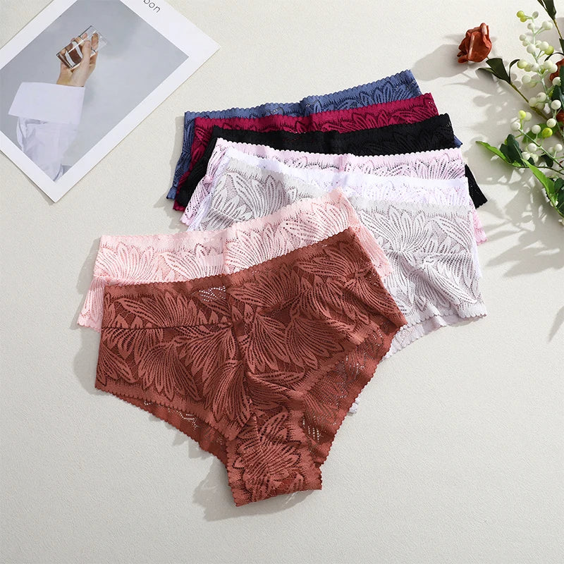 FINETOO 4PCS Floral Lace Thongs Sexy Perspective G-String Mid Waist T-back Female Breathable Intimates Brazilian Underwears