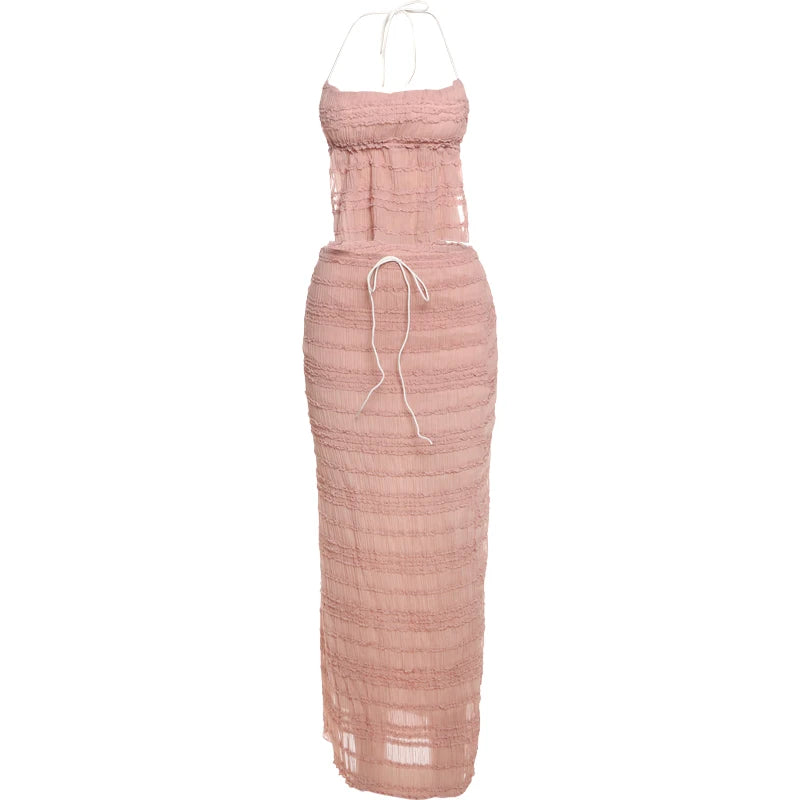 Weird Puss Mesh Backless 2 Piece Set Women Halter Lace-Up See Through Crop Tops+Loose Elegant Long Skirts Vacation Trend Outfits