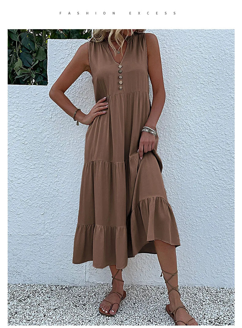Casual Summer Midi Dress Women Sleeveless Tank V Neck Buttons Ruffle Loose Dresses Beach Soild Sundress Fashion