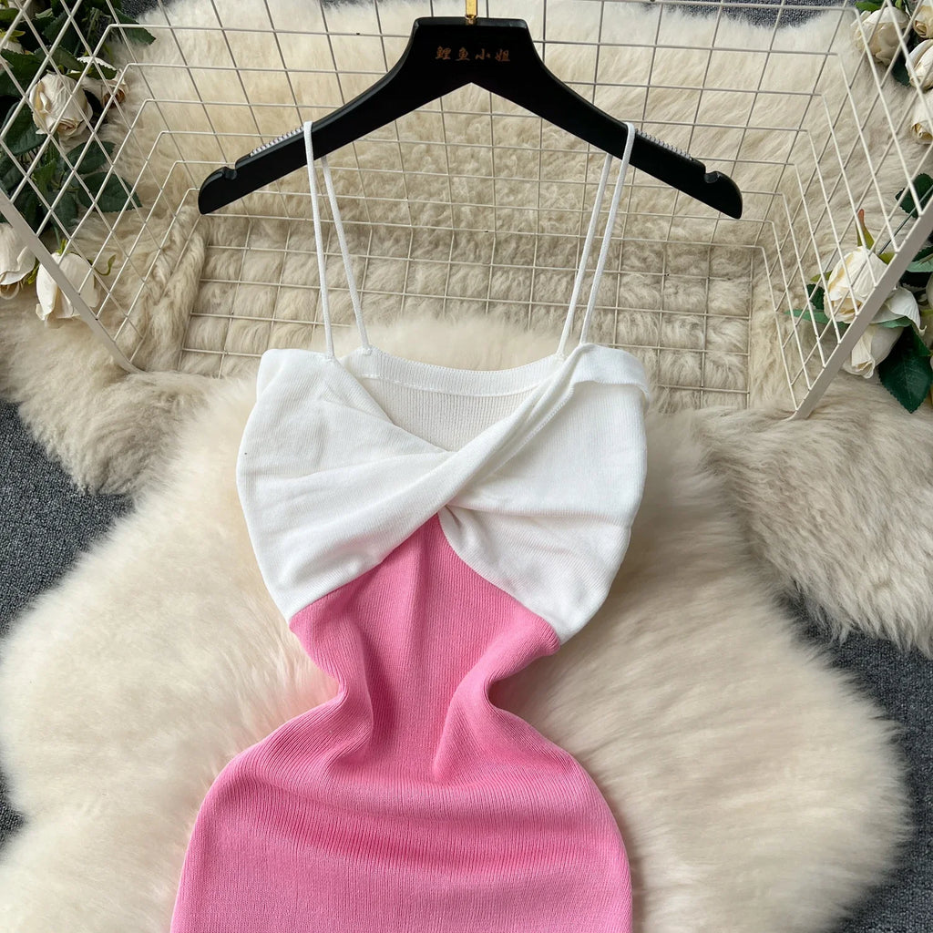 Patchwork Chic Sexy Wrap Hips Mini Dress Women Y2K Elastic Knitted Bodycon Summer Dress Streetwear Ladies Outfits Sundress