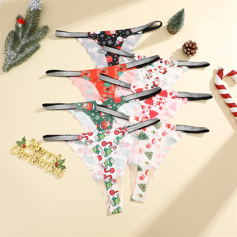 5PCS/Lot Seamless Ice Silk Thongs Women's Christmas Theme Underwear Sexy Rhinestone Waist Panties Santa Claus Printed Lingerie