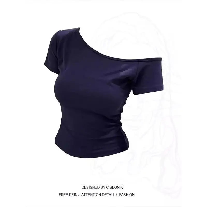 1pcs Girls Off-Shoulder T-shirt Women's Basic Fashion Tee Solid Ladys Short Sleeve Slim Tops Females Sexy Slanted Collar Tshirts