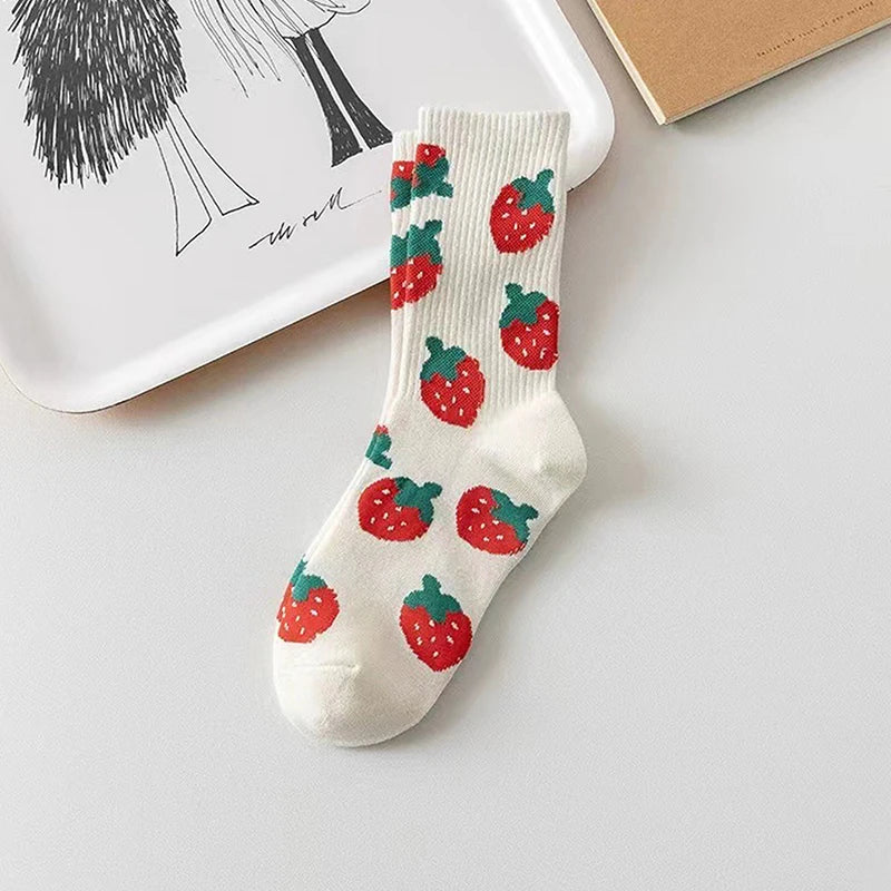 Cute Harajuku Strawberry Love Sweet Socks Middle Tube Breathable Fashion Autumn And Winter Casual Socks