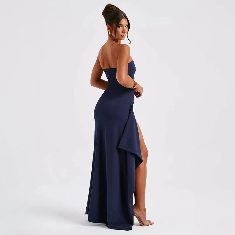 2025 spring new elegant temperament solid color strapless shoulder tight waist high slit little dress dress