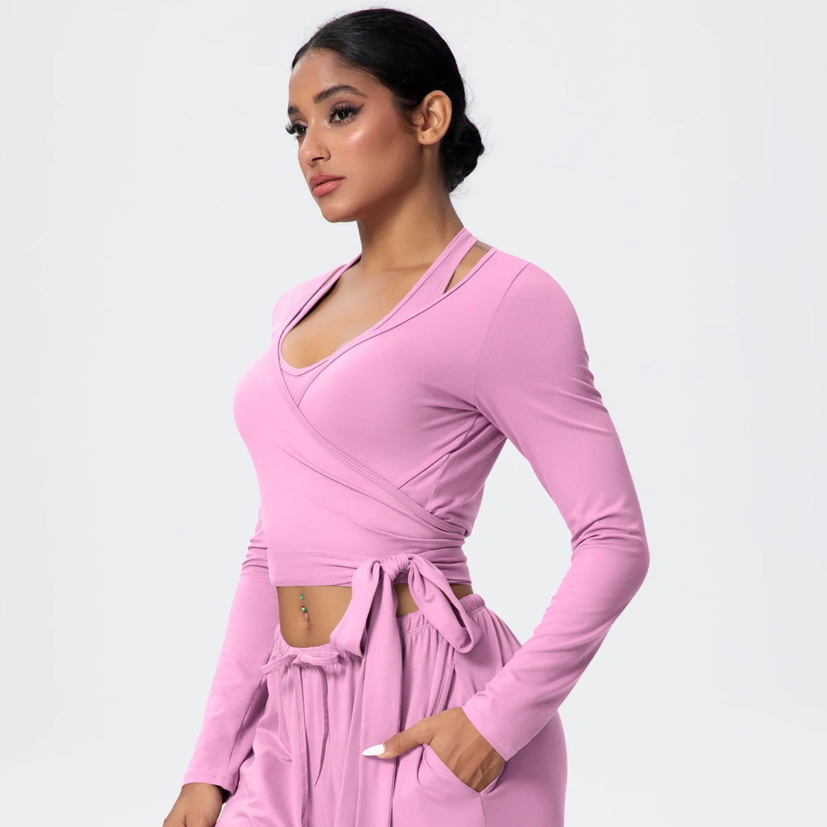 Women Slim Breathable Sports Top Women Active Wear Sports Yoga Long Sleeved Solid Color Running Shirts Straps Design Yoga Top