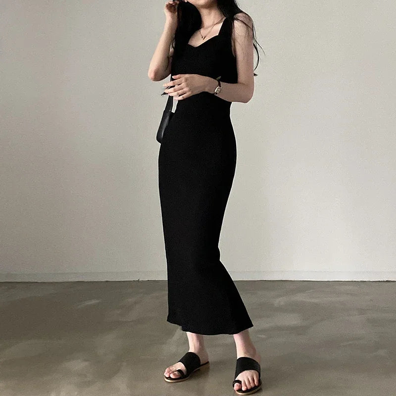 Myufon Basic Knit Long Dress Korean Fashion Square Collar Sleeveless Women's Dresses Summer Casual Y2k Vintage All-match Outftis