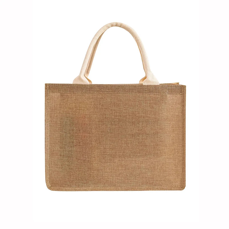 Retro single-shoulder linen bag for shopping as a gift. Yellow linen bag with printed pattern. Hand-held linen bag.