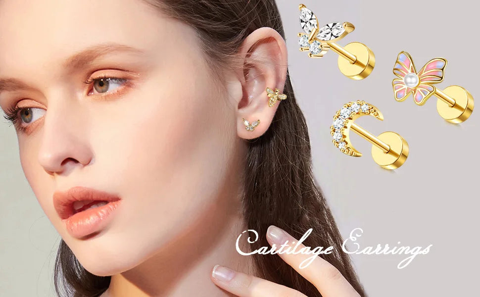 Drperfect 1pc Cartilage Earrings Stud for Women Surgical Steel Flat Back Earring Butterfly Flower Tragus Helix Piercing Jewelry