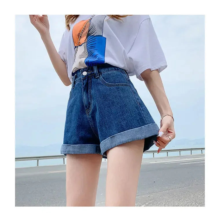 2026 Summer Women Denim Shorts High Waist Blue Cotton Wide-leg Short Pants Girl's Student Mini Korean Fashion Womens Jean Shorts