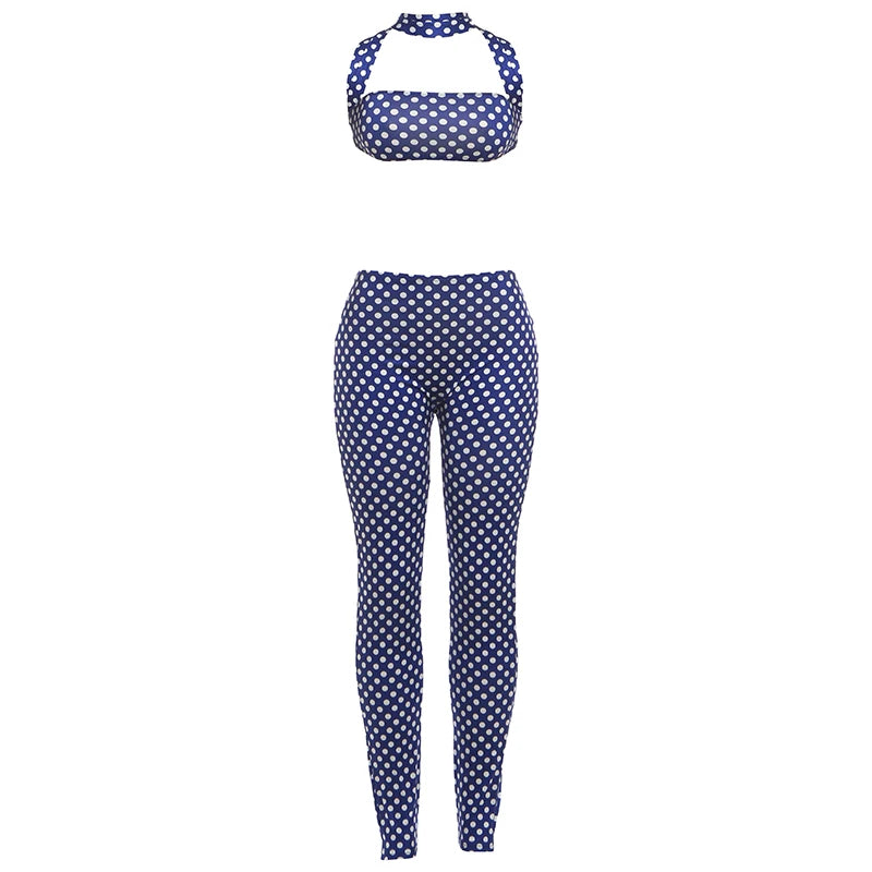 Sisterlinda Women Backless Tracksuit Dot Print Sexy 2 Piece Set Halter Tank Tops+Leggings Matching Streetwear Stretch Outfits