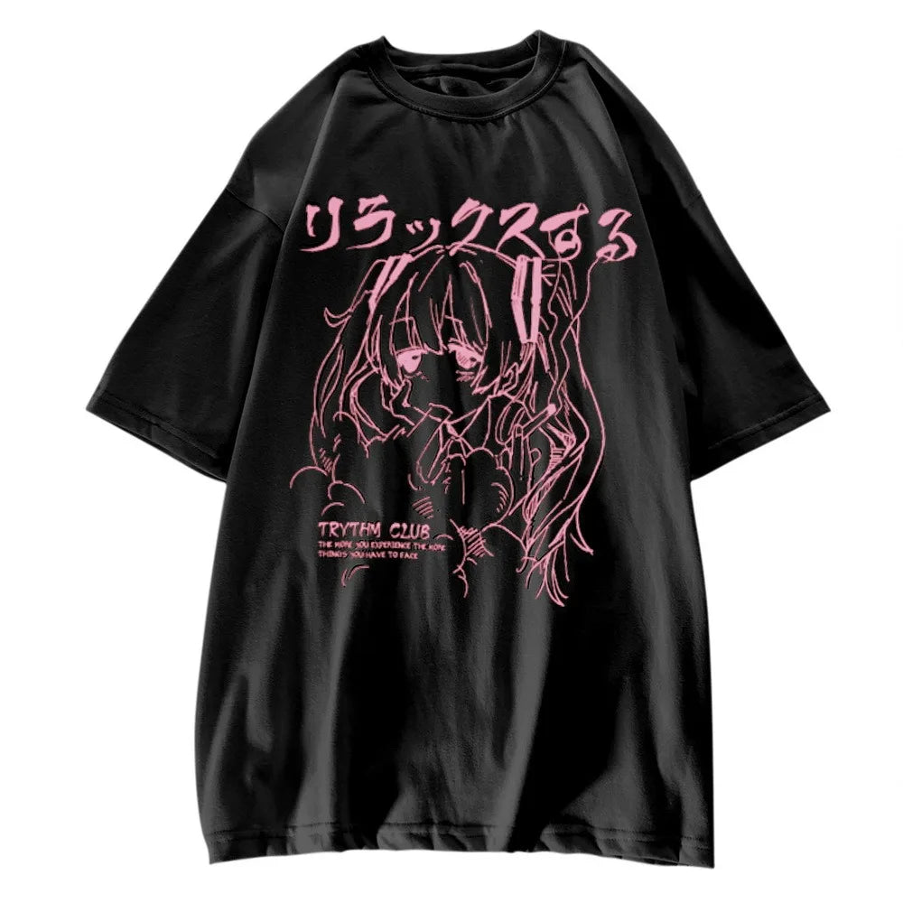 Women's Y2K Japanese Harajuku Graphic T-Shirt Kawaii Anime Print Oversized Grunge Top for Casual Wear Graphic T Shirts