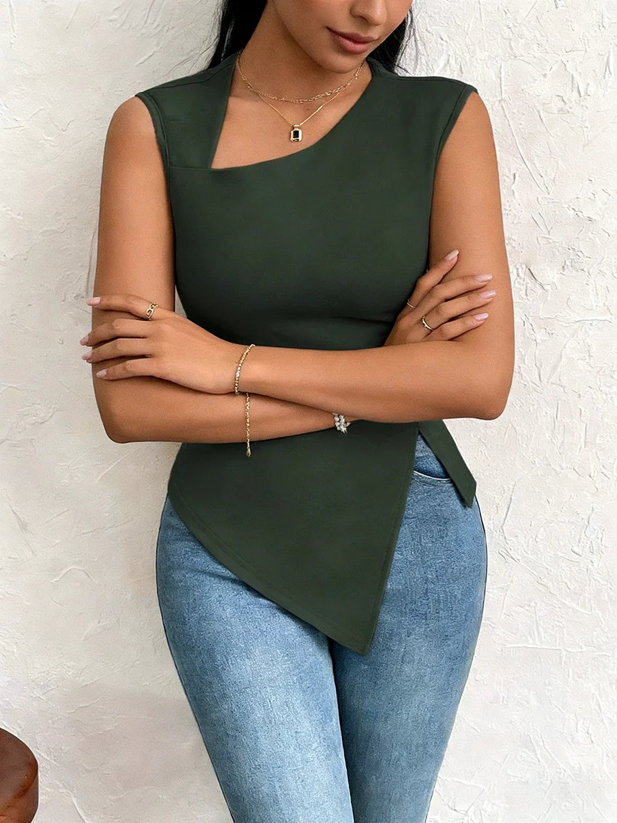Women's T-shirt Spring Summer Dark Green One Shoulder Cutout Asymmetrical Hem Valentine's Day Sexy Casual Top