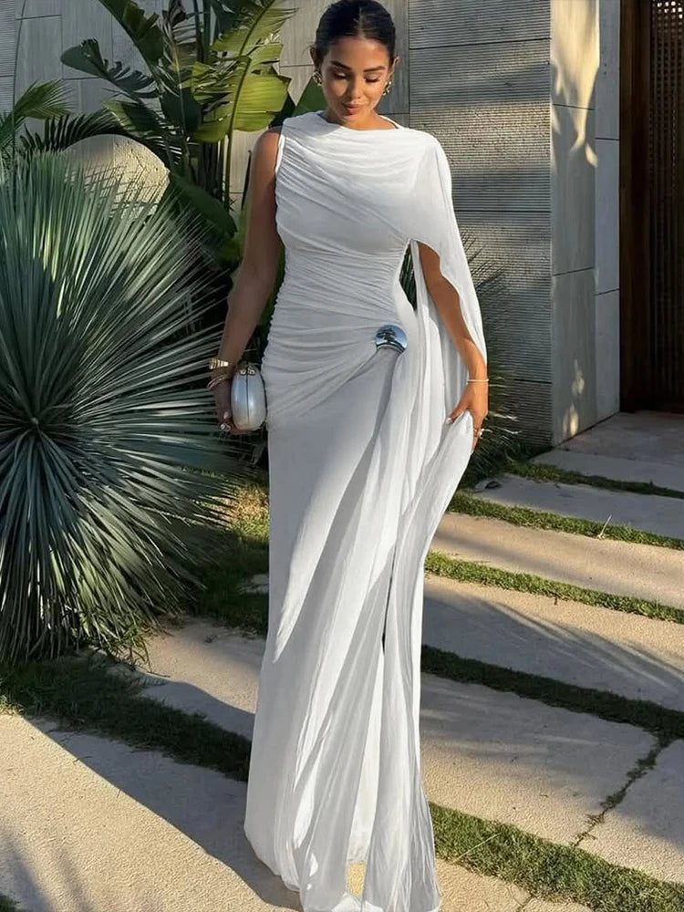 Sisterlinda Elegant Dress Woman Ruched o-Neck Sleeveless Irregular Ribbon Metal Trim Classic Birthday Party Banquet Vestidos