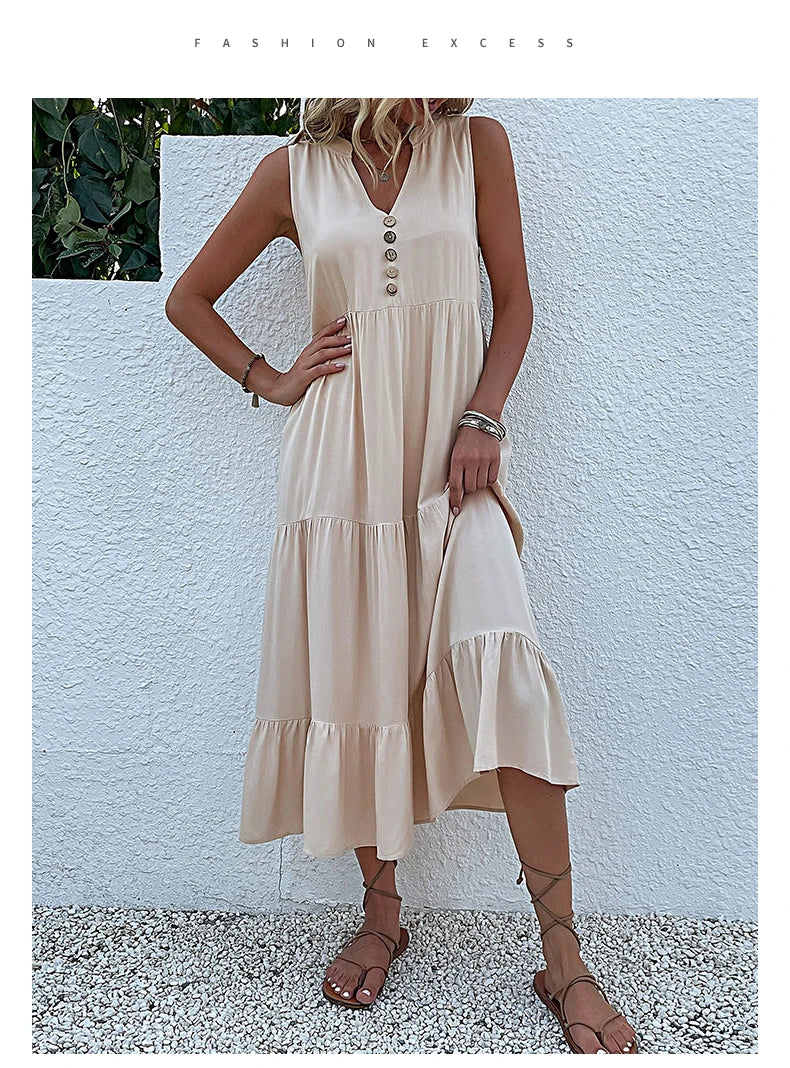 Casual Summer Midi Dress Women Sleeveless Tank V Neck Buttons Ruffle Loose Dresses Beach Soild Sundress Fashion