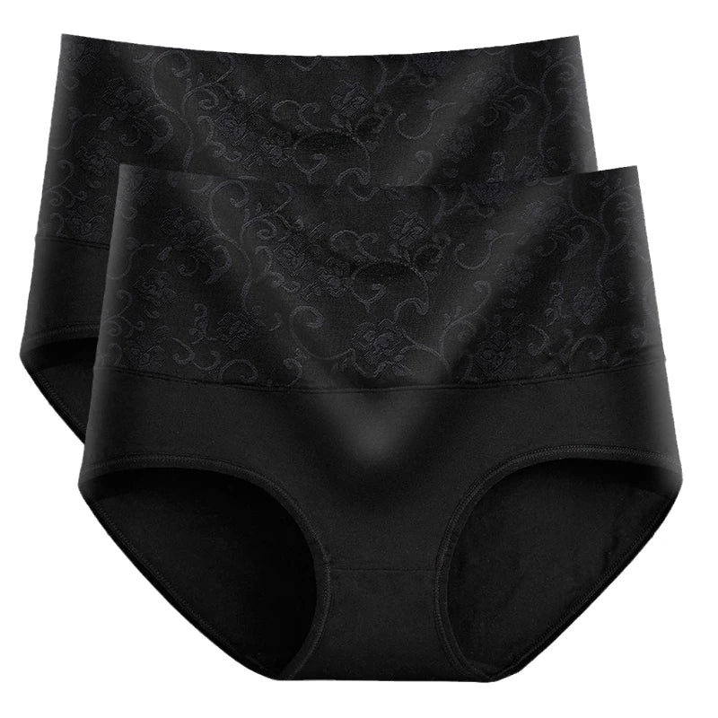 2PCS Plus Size Women's Cotton Underwear High Waisted Tummy Control Panties Full Coverage Briefs Jacquard Ladies Panty