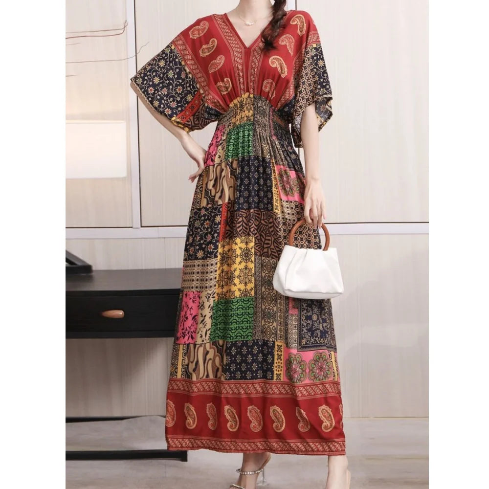 Colorful Flower V-neck Elastic Youthful Bohemian Sweet Midi Dress Woman Clothes Chic Fashion Summer Dresses 2025 Large Swing Ski