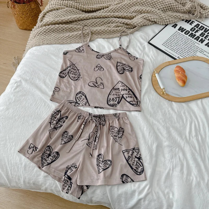 Summer Printed Cami Sleeveless Top and Shorts Pajama Sets For Women Sexy Leisure Adjustable Belt Loungewear Female Soft Pajama