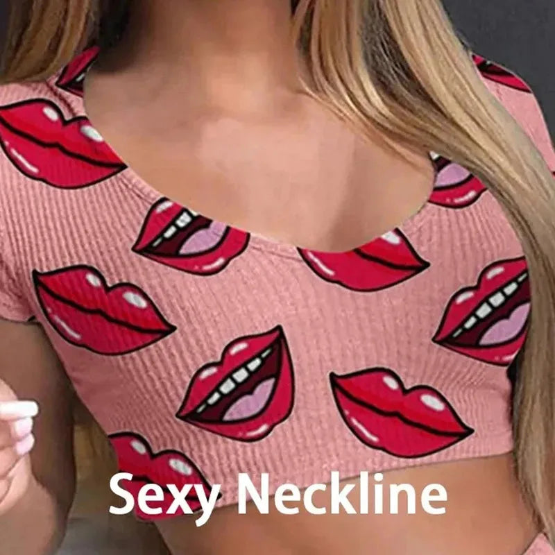 Summer Women's Nightgown Short Sexy Casual Lips Print Female Sleepwear Suit Pajamas Top+Pants Skinng Women Homewear Underwear