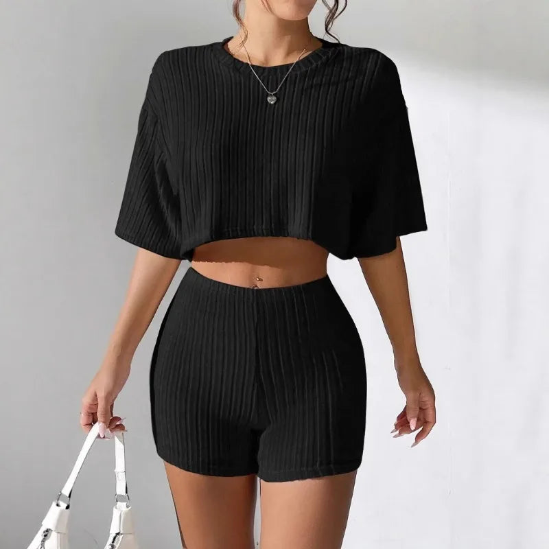 Women's Spring and Summer Fashion Short Crew Neck T-Shirt Top Shorts Two-piece Set Women's Womens Two Peice Sets