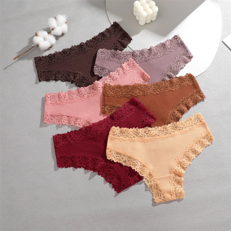 4PCS/Set Cotton Floral Lace Underpants for Women Sexy Striped Low-Waist Panties Girls Comfortable Briefs Trendy T-back Lingerie