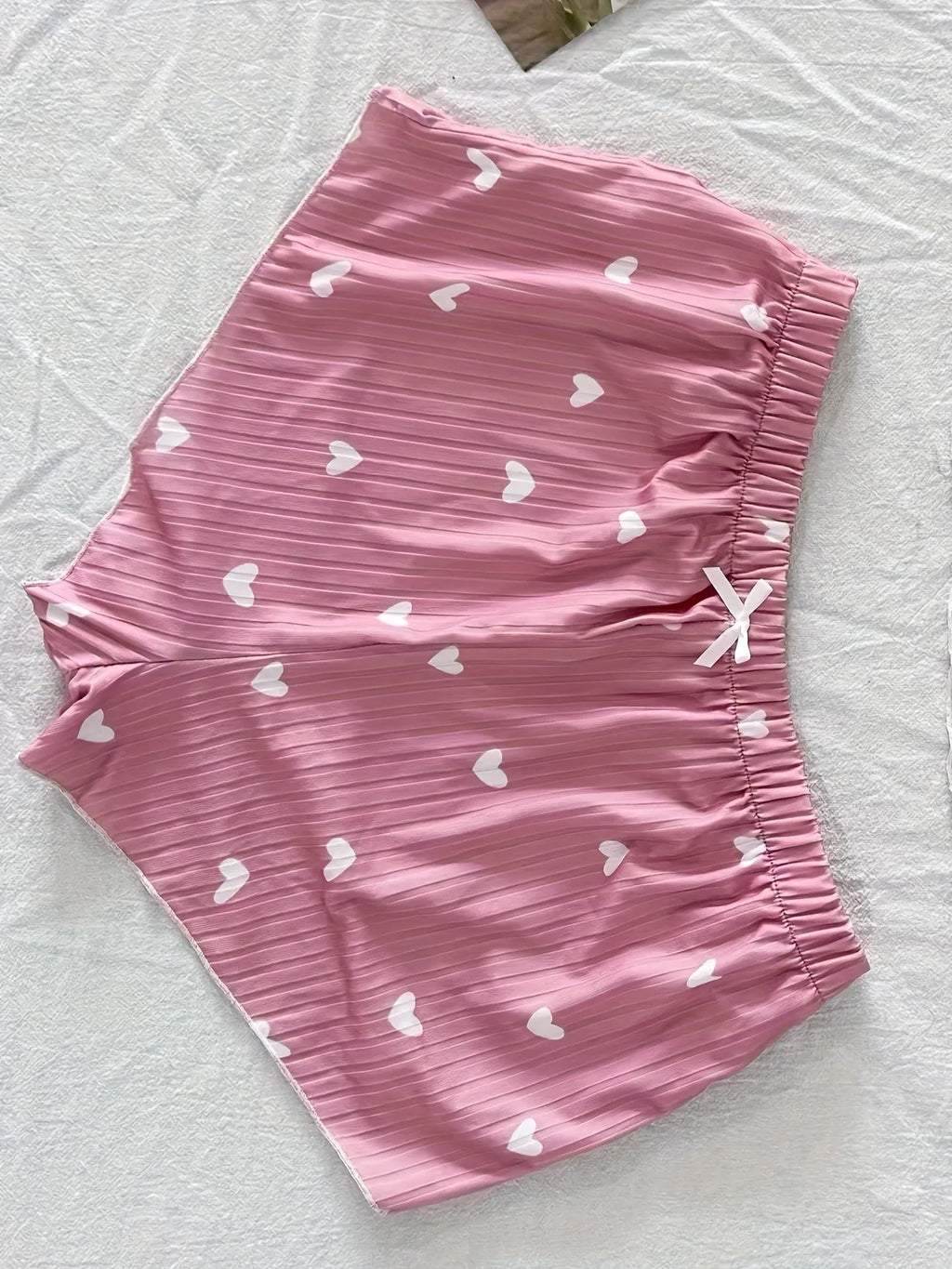 Women Heart Print Ribbed Pajama Set Bow Decor Crop Cami Top and Elastic Shorts Summer Sleepwear Lounge Set