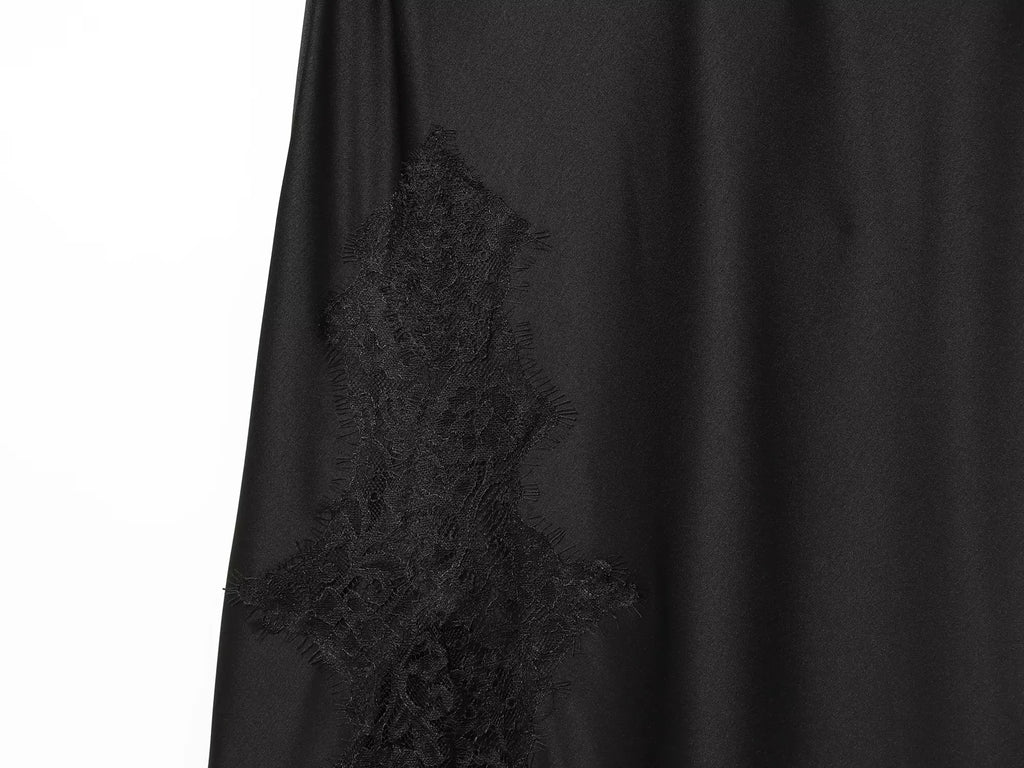 HH Fashion Soild Asymmetric Lace Satin Dress For Women's Sexy V-Neck Sleeveless Backless Slit Evening Party Slip Midi Dress