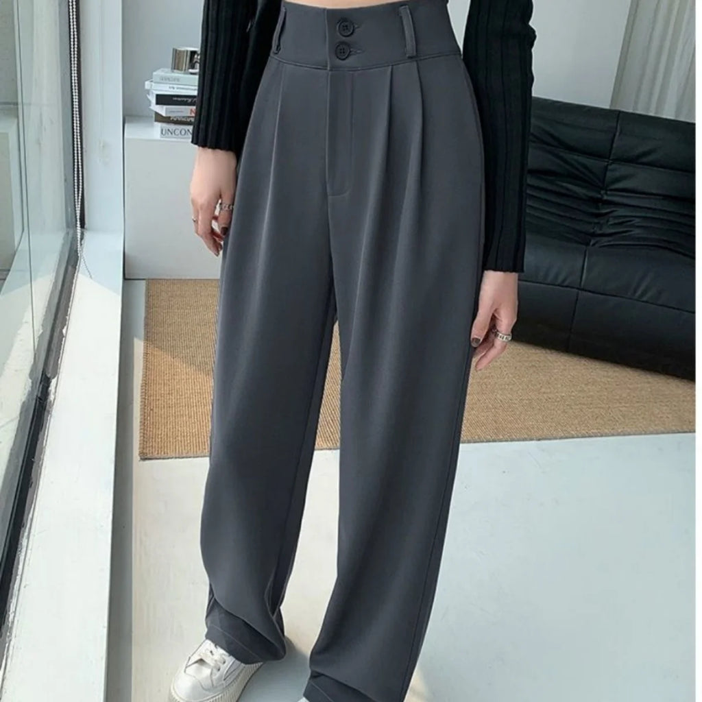 Formal Ladies' Trousers Fashion High Waist Pleated Zipped Button Office Leisure Women's Loose Spring Elegant Straight Suit Pants