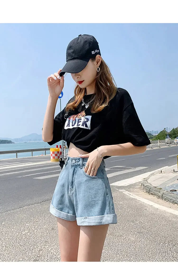 2026 Summer Women Denim Shorts High Waist Blue Cotton Wide-leg Short Pants Girl's Student Mini Korean Fashion Womens Jean Shorts