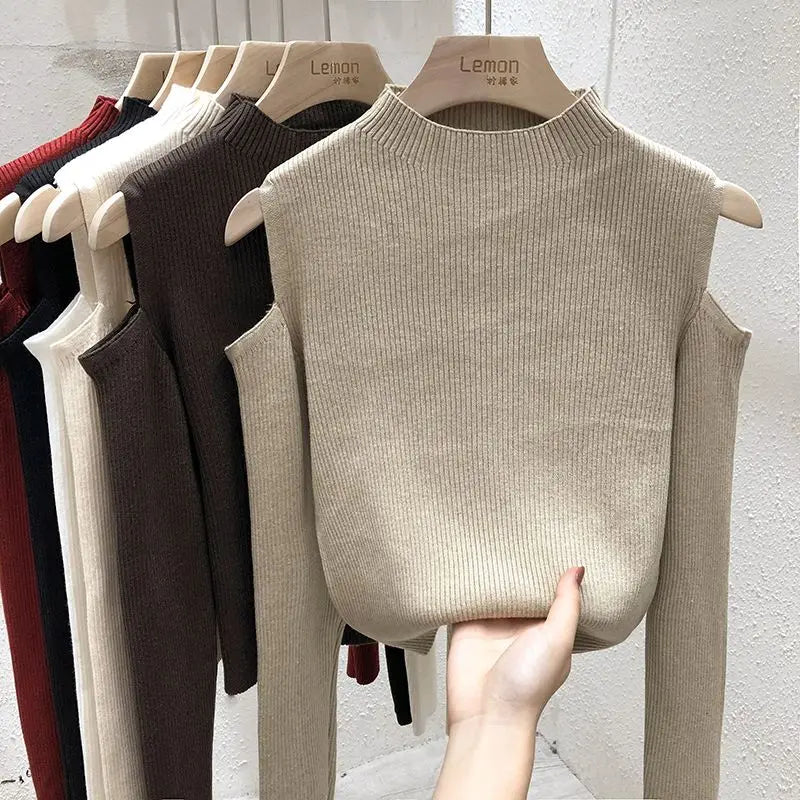 Knitted Sweater Women Pullovers New Long Sleeve Stand Collar Off-shoulder Knit Sweater Pullover Women Tops Sueters De Mujer Q781