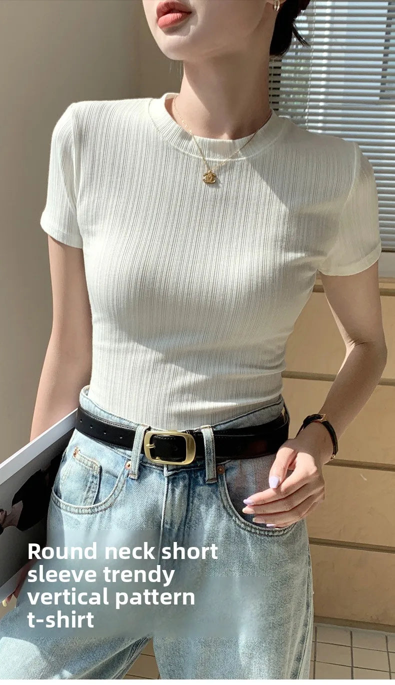 Summer New Women's Crewneck T-shirt Knitted Short-sleeved Top Casual All-match T-shirt Striped Base Shirt Slim-fit Breathable