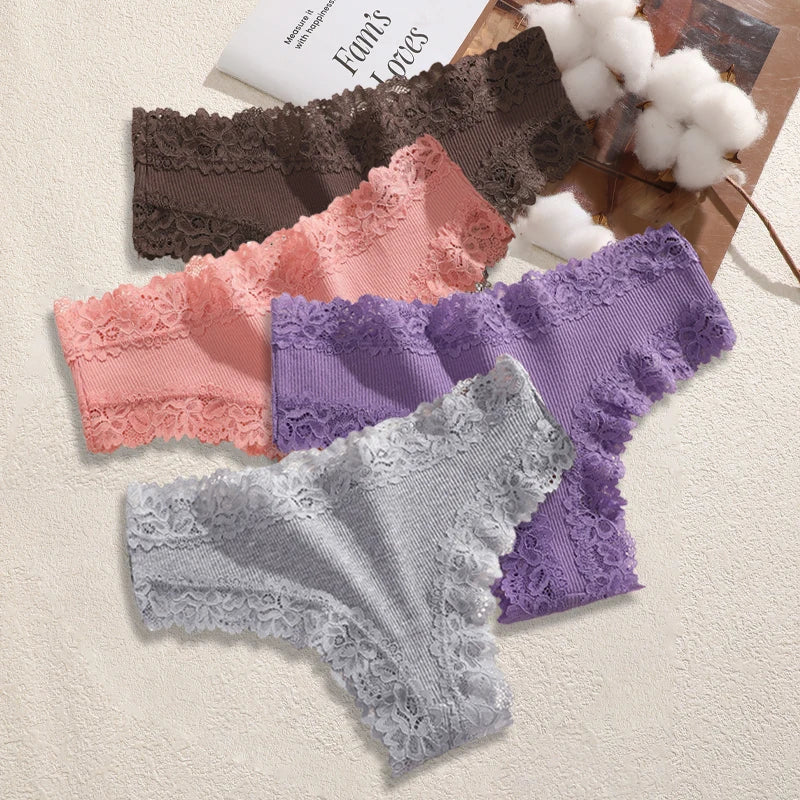4PCS/Set Cotton Floral Lace Underpants for Women Sexy Striped Low-Waist Panties Girls Comfortable Briefs Trendy T-back Lingerie