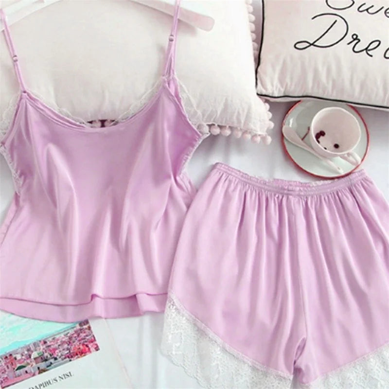 Sexy Lace Splicing Suspender Loose Shorts Two-Piece Pajama Set For Women