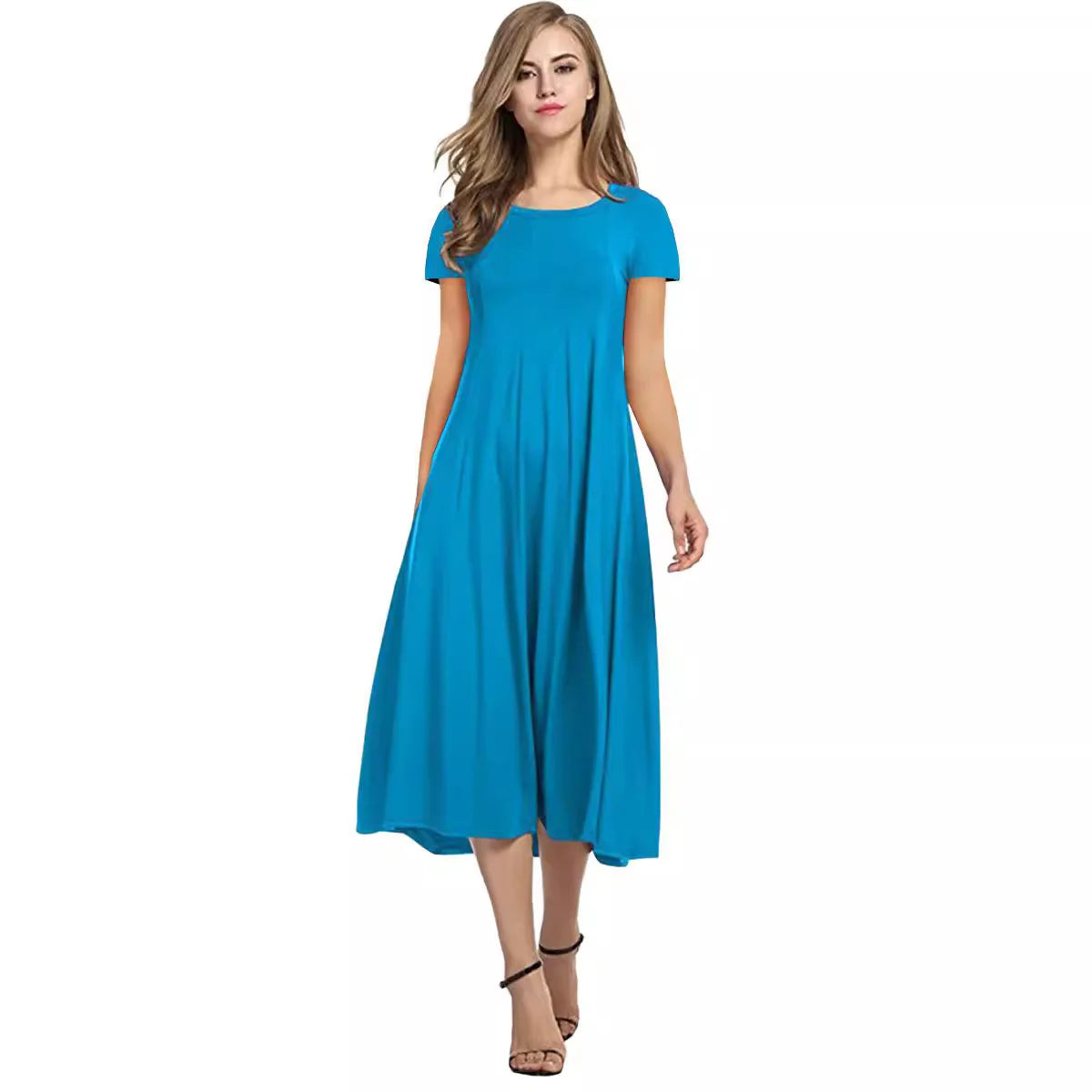 2024 Summer Women's Top Selling Round Neck Short Sleeve Solid Color Flare Dress