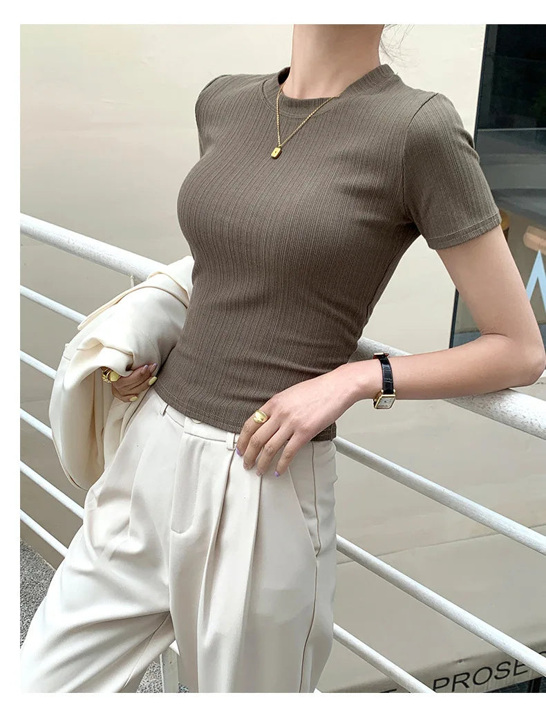 Summer New Women's Crewneck T-shirt Knitted Short-sleeved Top Casual All-match T-shirt Striped Base Shirt Slim-fit Breathable