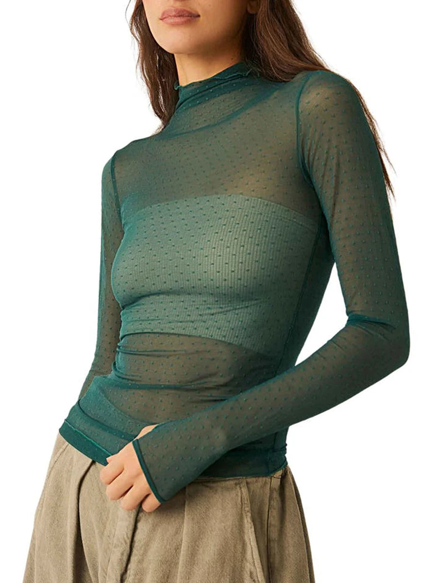 Women Sheer Mesh T-Shirts Mock Neck Long Sleeve Crop Tops Retro See Through Shirt Fairycore Grunge Tees