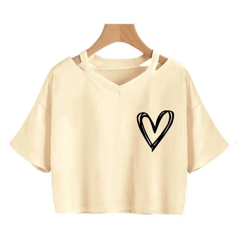 Women's Sexy Crop Tops with Heart Print Short Sleeve Cropped T Shirt Drawstring Graphic Tshirt Fashion T-shirt Clothes