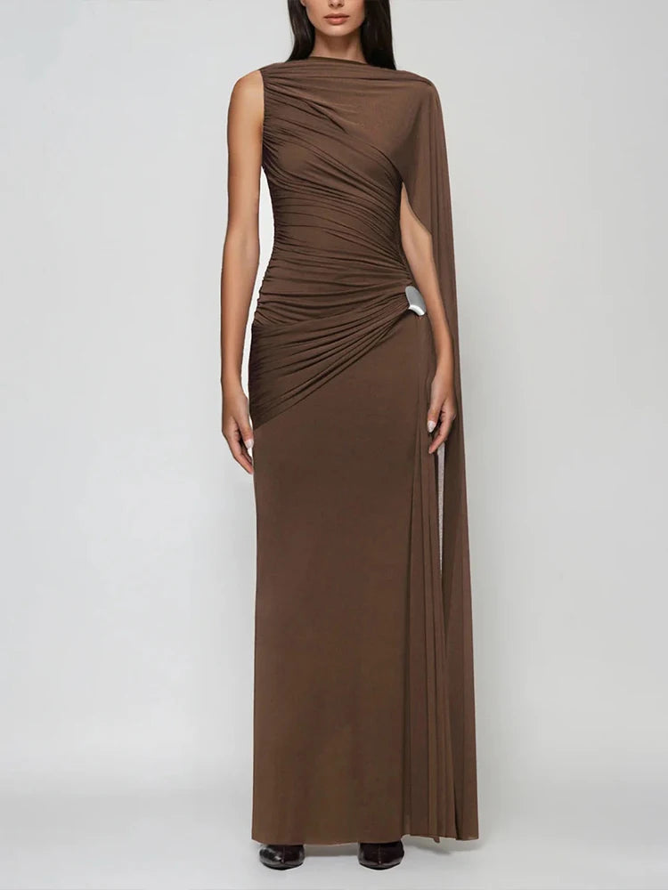 Sisterlinda Elegant Dress Woman Ruched o-Neck Sleeveless Irregular Ribbon Metal Trim Classic Birthday Party Banquet Vestidos