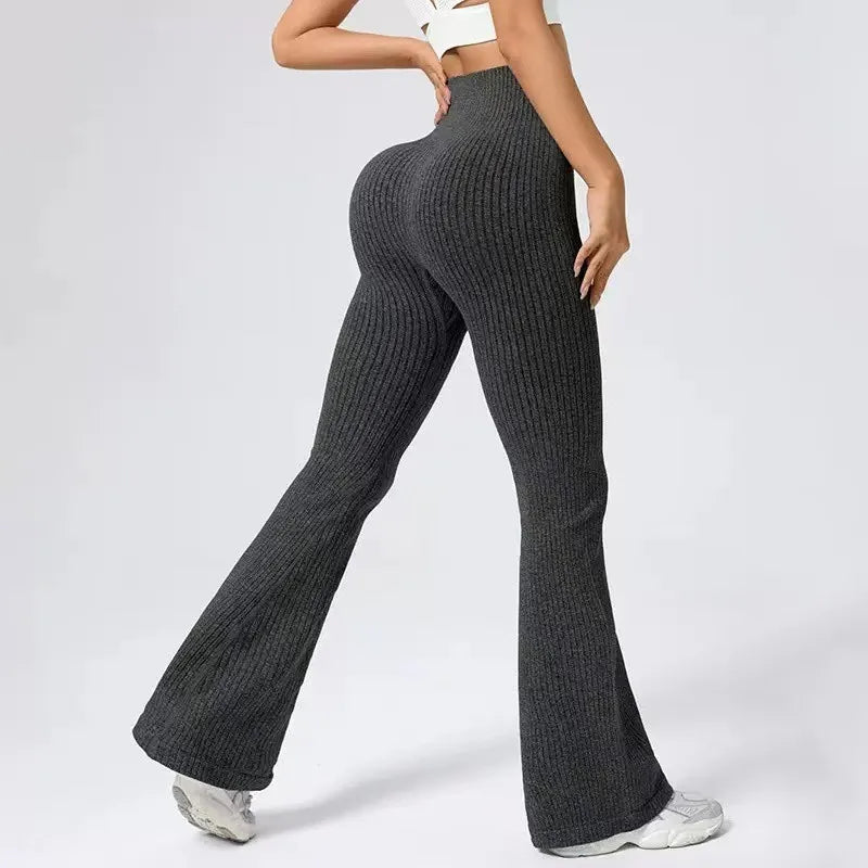 New Micro Bell-bottoms Women Seamless Slim Leggings Solid Ribbed Knited Leggings High Waist High Elastic Yoga Fitness Pants