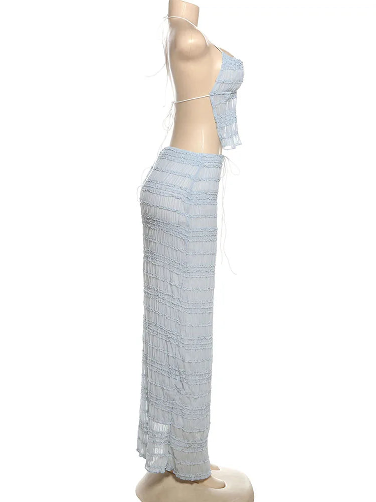 Weird Puss Mesh Backless 2 Piece Set Women Halter Lace-Up See Through Crop Tops+Loose Elegant Long Skirts Vacation Trend Outfits
