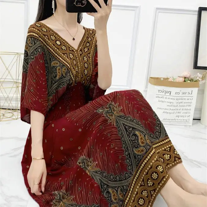 Colorful Flower V-neck Elastic Youthful Bohemian Sweet Midi Dress Woman Clothes Chic Fashion Summer Dresses 2025 Large Swing Ski