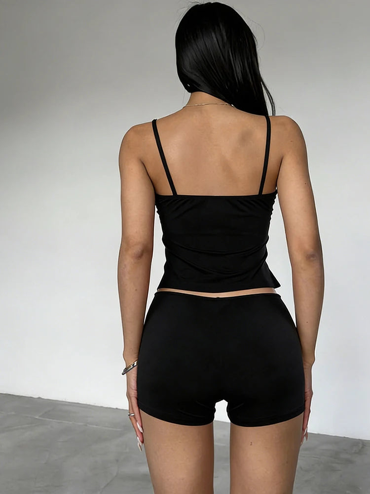 Kliou Hollow Design 2 Piece Set Woman 2026 Spring New Style Low-Neck Camisole Tops+Skinny Shorts Daily Casual Fashion Outfits