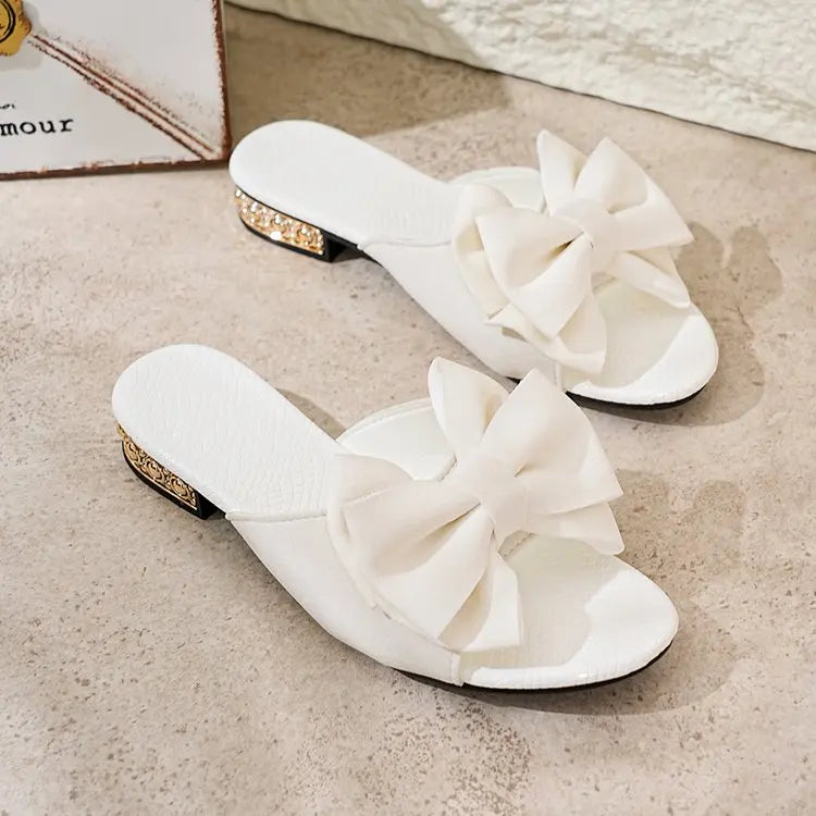 Summer New Round Headed Sexy/Comfortable Flat Casual Slippers Fashionable Elegant Non Slip Bow Tie Thick Heel Beach Slippers