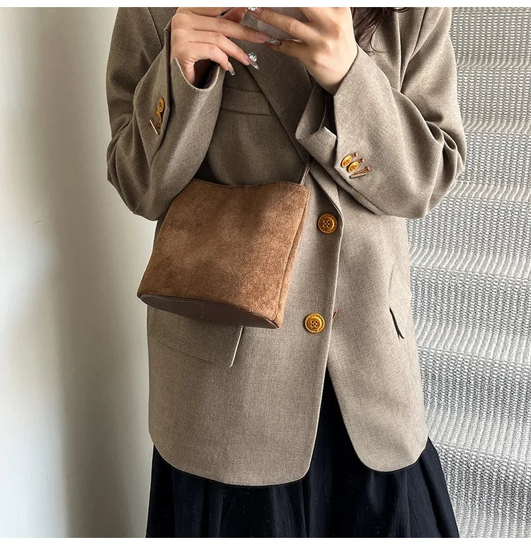 Mini Shoulder Bag Retro Leopard Print Women Crossbody Bucket Bag Fashion Ins Korean Style Faux Suede Fall New Simple Tote Bag