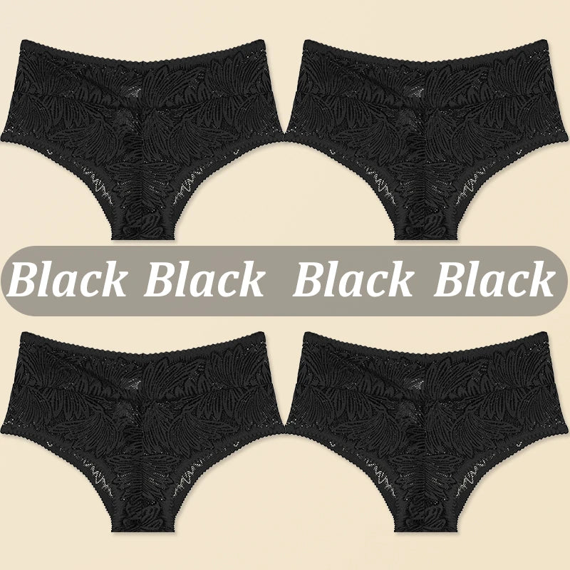 FINETOO 4PCS Floral Lace Thongs Sexy Perspective G-String Mid Waist T-back Female Breathable Intimates Brazilian Underwears