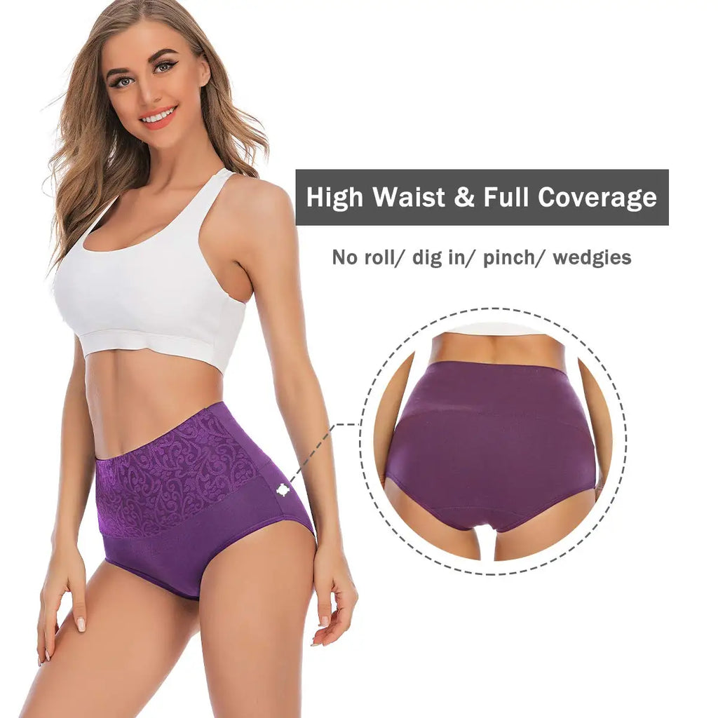 2PCS Plus Size Women's Cotton Underwear High Waisted Tummy Control Panties Full Coverage Briefs Jacquard Ladies Panty