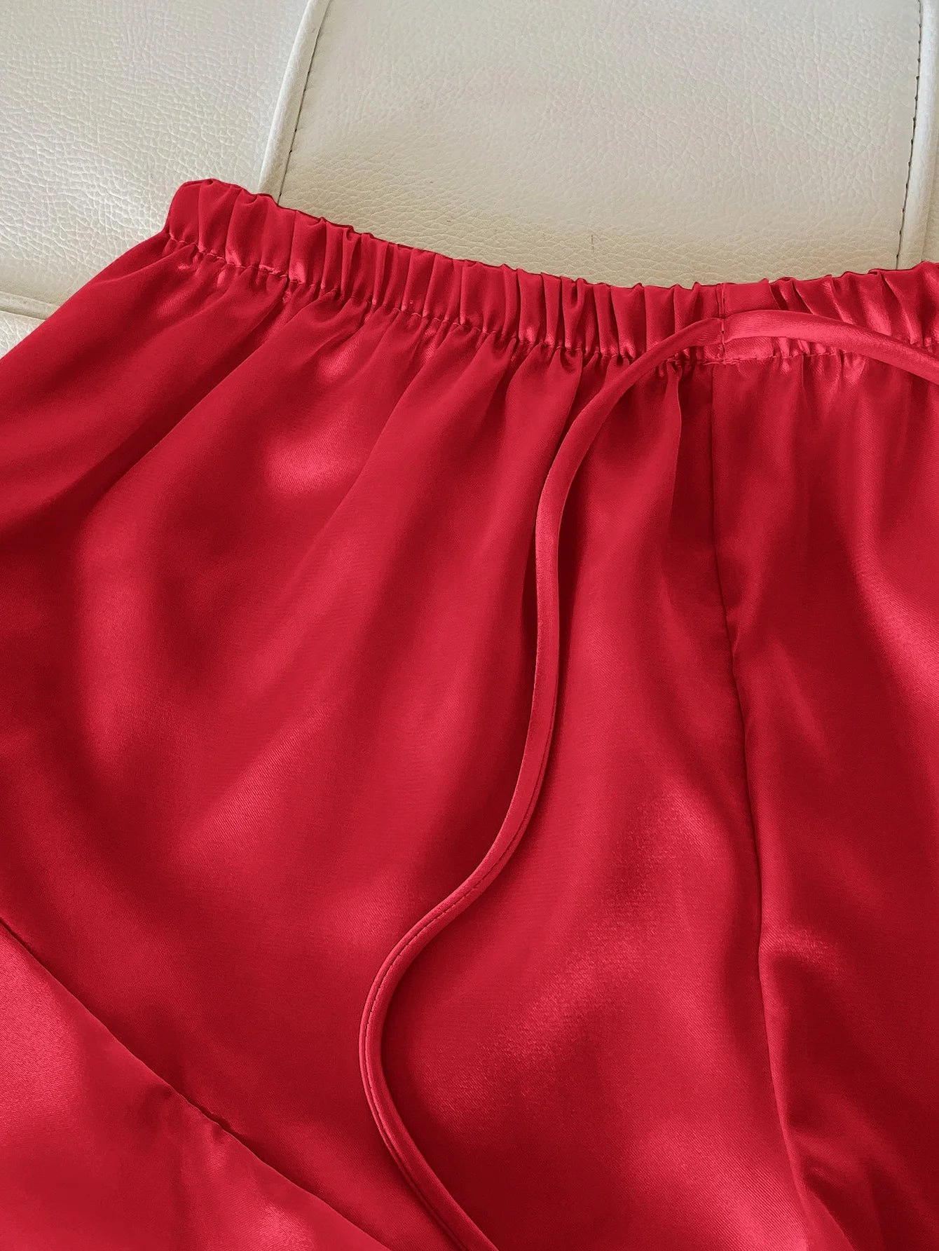 Solid Satin Pajama Set V Neck Cami Top Ruffle Shorts Women's Sleepwear Loungewear