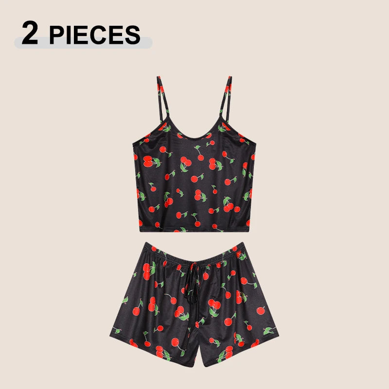 Summer Printed Cami Sleeveless Top and Shorts Pajama Sets For Women Sexy Leisure Adjustable Belt Loungewear Female Soft Pajama