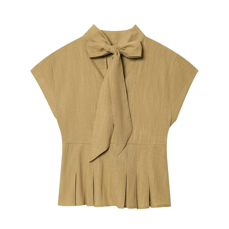 Women's Shirt 2026 Summer New Khaki Short Sleeve Bow Decorative Hollow-Out Dress Hem Shirt Casual Fashion Personality